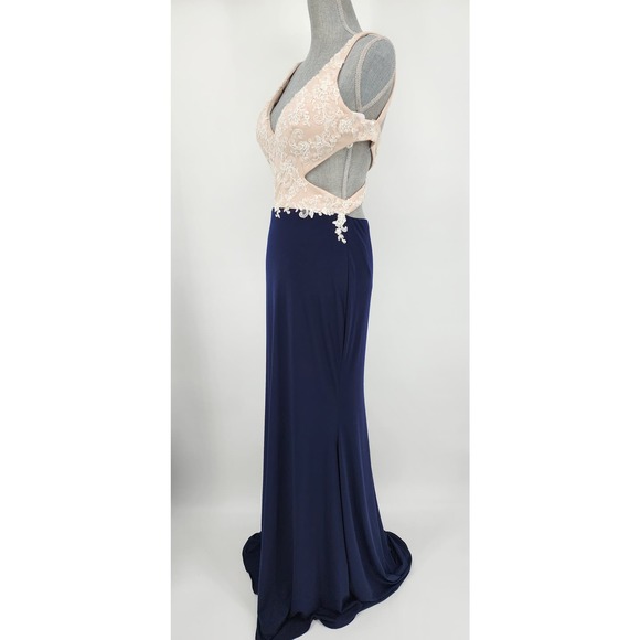 Nina Canacci Formal Evening Dress 10 Embellished Beaded Cut Out Navy‎ Blue Cream - Picture 4 of 15